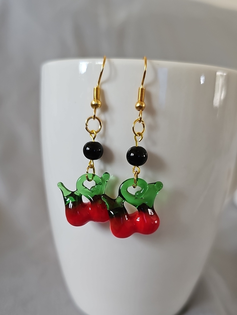 Green and Red Cherry Dangle Earrings